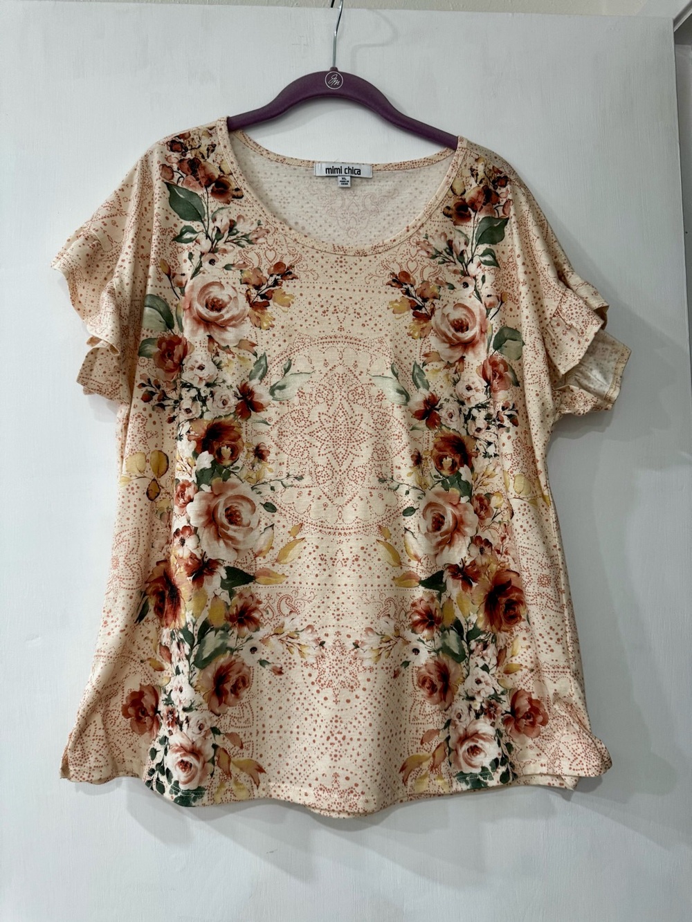 Mimi Chica Peach Floral Short Sleeve Women's T-Shirt Size XL